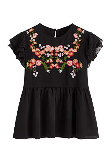 Floerns Women's Floral Embroidered Ruffle Sleeve Peplum Blouse Top