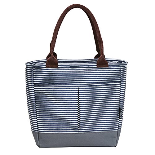 Zdzdy Insulated Lunch Bag for Women Original Waterproof Reusable Grocery Shopping Cooler Tote Bag for Adults Girls, Blue and White Strips (blue&white)