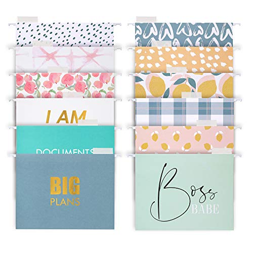 Decorative Hanging File Folders - 12 Letter Size Reinforced Colored Hang Folders, 1/5-Cut Adjustable Tabs - Cute Designs and Gold foil Font, Office Supplies Filing Organizers, 8.5 x 11 Inches