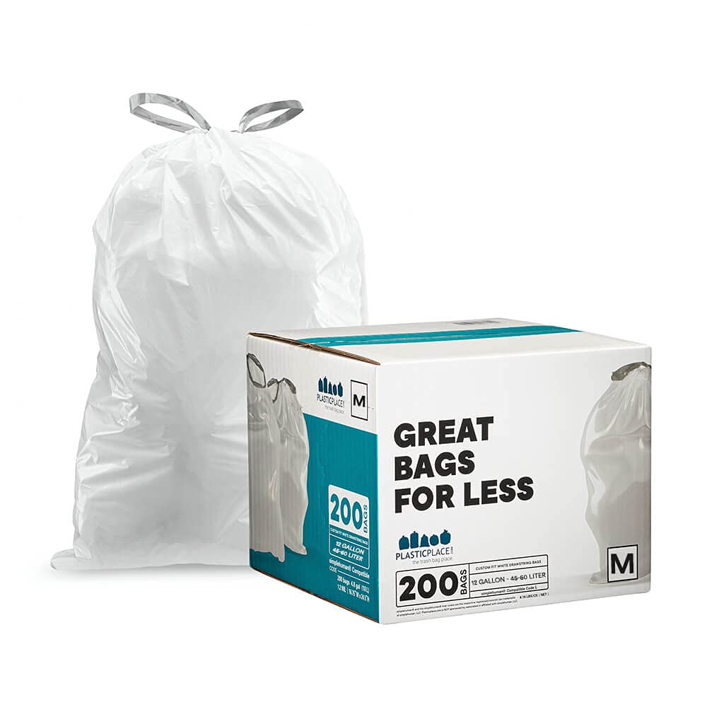 Book Cover Plasticplace Trash Bags simplehuman (x) Code M Compatible (200 Count)â”‚White Drawstring Garbage Liners 12 Gallon / 45 Liter â”‚ 21.5