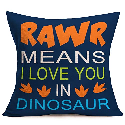 Book Cover Tlovudori Cotton Linen Pillow Covers Multicolor Quote Letters RAWR Means I Love You in Dinosaur Throw Pillow Case Cushion Cover Pillowcase for Sofa Home Bed Decorative 18