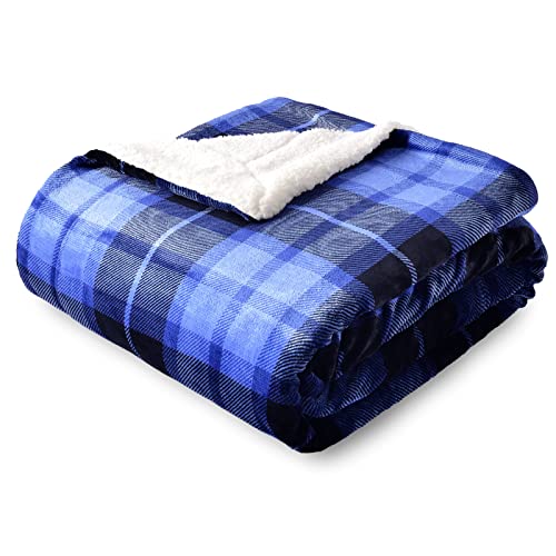 SOCHOW Sherpa Plaid Fleece Throw Blanket, Double-Sided Super Soft Luxurious Bedding Blanket 60 x 80 inches, Blue