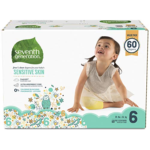 Seventh Generation Baby Diapers for Sensitive Skin, Animal Prints, Size 6, 60 Count