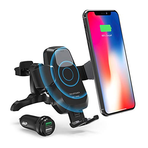 RAVPower Wireless Qi Fast Charger 7.5W/ 10 W Car Mount Kit, Automatic Phone Holder Air Vent, Compatible with iPhone XR XS Max X 8 Plus Galaxy S9 S8 Note 9 8 5 and & Qi-Enabled Device