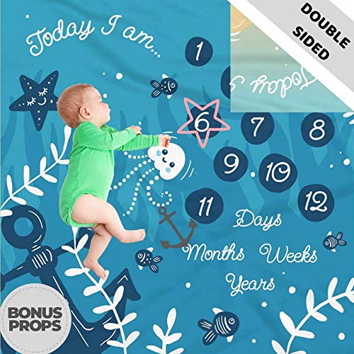 Book Cover Double Sided Monthly Baby Milestone Blanket- Month Blanket for Baby Pictures | Photo Blanket with Baby Photo Props | Monthly Blankets for Newborns | Boy and Girl Milestone Blanket