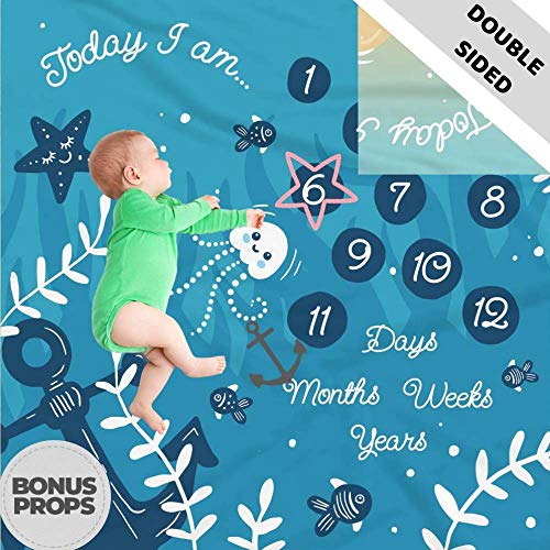 Double Sided Monthly Baby Milestone Blanket- Month Blanket for Baby Pictures | Photo Blanket with Baby Photo Props | Monthly Blankets for Newborns | Boy and Girl Milestone Blanket