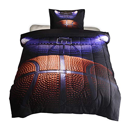 HTgroce 3D Basketball Court Comforter Quilt Set for Teen Boys Girls Twin Size(68''x86''),2PCS,1 Quilt+1 Pillow Sham