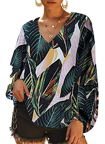 Dokotoo Womens Casual Printed Loose Shirt Balloon Sleeve V-Neck Blouse and Tops