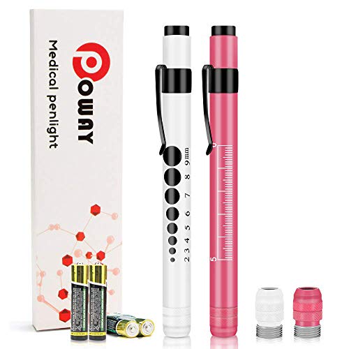 Opoway Pen Light Medical Pen Light Nurse Penlight with Pupil Gauge for Nurse Doctors Nursing Students White and Pink with Batteries(2 Replacement Warm Light Bulbs Included)