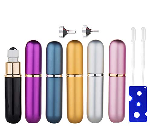 Roller Bottle - 6ml Aluminum Roll-on Bottle with Stainless Rollers for Essential Oil, Essences, Perfumes,Included 2 Funnels,1 Roller Opener,2 Pipettes (6 pcs)