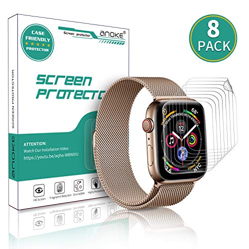 (8 Pack) AnoKe for Apple Watch iWatch 38mm / 40mm Screen Protector (Series 5 Series 4 Series 3/2/1),Liquid Skin [Max Coverage] Curved Edge Case Band Friendly Lifetime Replacement Warranty 38mm /40mm