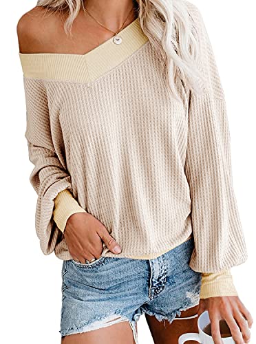 Book Cover Adreamly Women's V Neck Long Sleeve Waffle Knit Top Off Shoulder Oversized Pullover Sweater