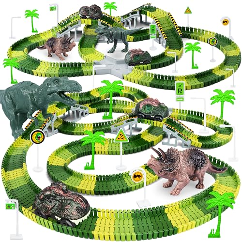 Book Cover Dinosaur Toys,Create A Dinosaur World Road Race,Flexible Track Playset and 2 pcs Cool Dinosaur car for 3 4 5 6 Year & Up Old boy Girls Best Gift