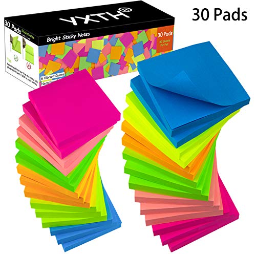 Book Cover Sticky Notes 3 in x 3 in, 30 Pads, 6 Bright Color Self-Stick Notes, Super Sticky Notes 80 Sheets/Pad, Easy Post Notes for for Office, School, and Home (30)