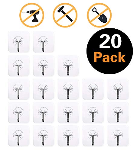 Book Cover Transparent Adhesive Seamless Wall Hooks - 20 Pack Waterproof,Oilproof,Heavy Duty,No Damage,Bathroom Kitchen Home Storage Hooks,Office