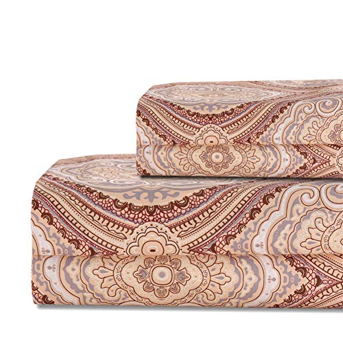 Bedlifes Paisley Sheet Set Luxury Ultra Soft Wrinkle-Free Hypoallergenic Pattern Printed Bed Sheets Deep Pocket Flat Sheet& Fitted Sheet& Pillowcases 100% Microfiber 4 Piece Brown King