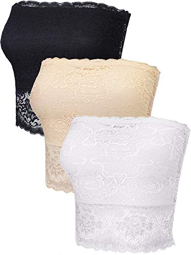3 Pieces Lace Bandeau Top Strapless Seam Bra Stretchy Camisole Tube Top for Ladies Girls Wearing (Color Set 1, Small)