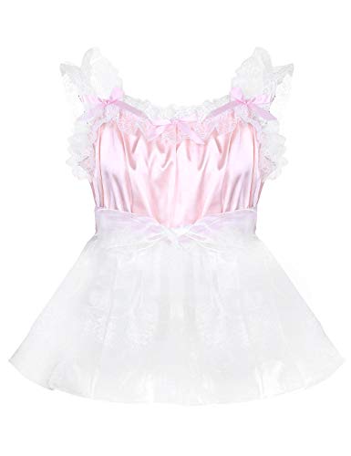 inlzdz Men's Sissy Crossdress Lingerie Frilly Satin Lace Tulle Mini Dress Smooth Nightdress Babydoll