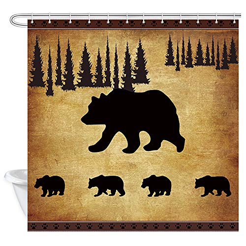 Book Cover JAWO Animal Black Bear Shower Curtain, Rustic Cabin Wildlife Design, Mother Bear and Four Cute Baby Bears Bathroom Accessories Shower Curtains Fabric, 69x70 Inches