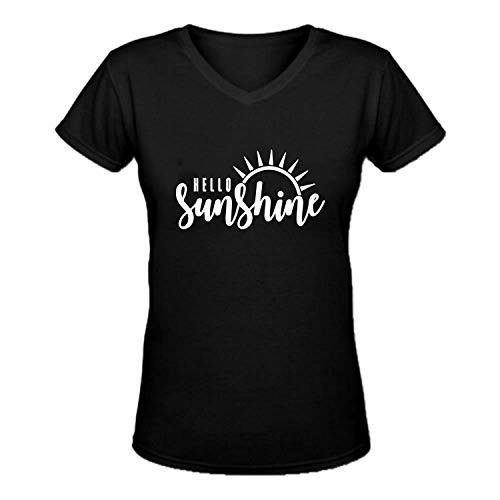 Hello Sunshine T Shirt Women Summer Cute Graphic Vacation Shirt Short Sleeve Print T Shirt Nature Shirt(L,Black Vneck)