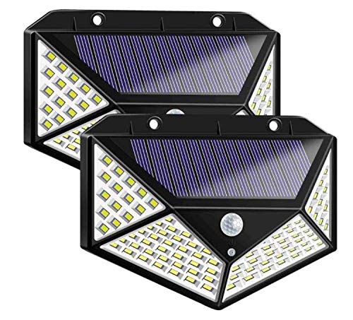 2Pcs Solar Lights Outdoor Motion Sensor,100 LED Solar Fence Lights IP65 Waterproof Solar Security Lights with 270° Wide Angle,Outdoor Wall Lights for Porch Yard Garage Garden Fence