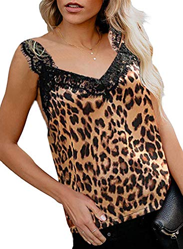 Book Cover DRIBET Women's V Neck Wrap Front Pleated Leopard Print Lace Strappy Cami Tank Tops Loose Fit Casual Sleeveless Blouse Shirts