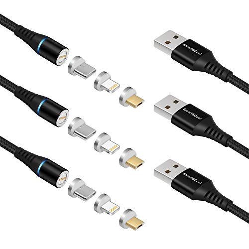 Smart&Cool GenXII 7 pins Round 3 in 1 Max 3.0A Fast Charging & Data Sync Magnetic Cable Compatible with USB-C Phones, i-Product and Micro-USB Interface Phones & Tablets (Black-3Pack, 5 Feet)