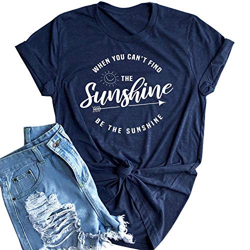 Vaise Womens Be The Sunshine Shirt Short Sleeve Printed Summer Shirt Vacation Shirt Graphic Tee Dark Blue