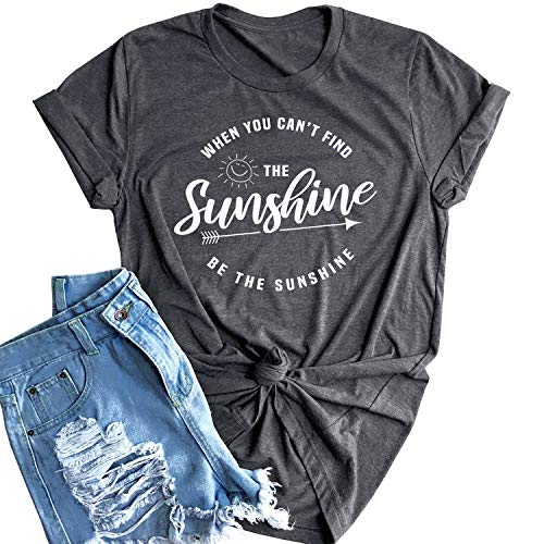Vaise Womens Sunshine Shirt Short Sleeve Printed Summer Shirt Vacation Shirt Graphic Tees (S, Gray)