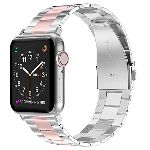 Wearlizer Stainless Steel Compatible with Apple Watch Band 38mm 40mm 41mm Women Men,Ultra-Thin Lightweight Color Matching Replacement Strap Compatible for iWatch Series 7 6 5 4 3 2 1 Rose Pink+Silver