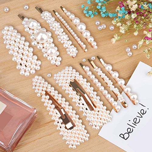 Pearls Hair Clips for Women Girls, Allucho 10pcs Fashion Gold Bows/Clips/Ties/Hairpins/Barrettes for Party Wedding (10 PCS pearl hair clips)