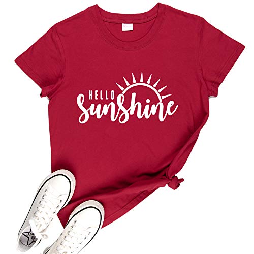 Hello Sunshine T Shirt Women Summer Cute Graphic Vacation Shirt Short Sleeve Print T Shirt Nature Shirt(2XL,Wine Crew)