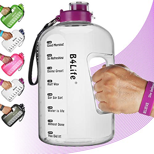 B4Life 1 Gallon Water Bottle with Time Marker, Motivational Wristband, Fitness Workout, Drink More Water Daily, Extra Large BPA-Free Water Bottle Leakproof with Flip Top-Purple