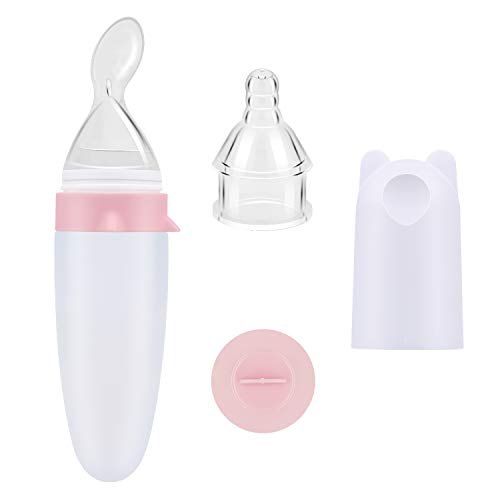 Burabi Baby Squeeze Feeding Spoon with Replacement Feeder Nipple for Toddler Infant Food Dispensing-Pink