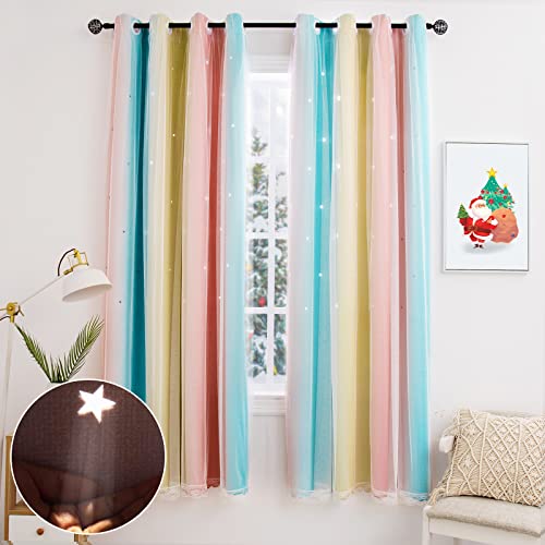 Book Cover Hughapy Star Curtains for Girls Bedroom Kids Room Decor Light Blocking Voile Overlay Princess Star Hollowed Curtain Rainbow Striped Layered Window Curtain, 1 Panel( 52W x 63L, Pink / Blue)