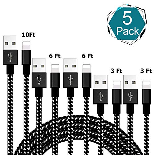 Book Cover iPhone Charger,MFi Certified Lightning Cable,[5-Packs](3/3/6/6/10FT) Extra Long Nylon Braided Charging&Syncing Cord Compatible with iPhone Xs/XR/XS Max/X/7/7Plus/8/8Plus/6S/6SPlus/5(Black&White)