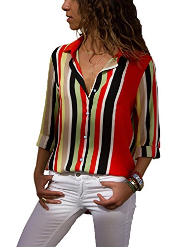 silindashop Womens V Neck Long Sleeve Blouses Color Block Stripes Button Down Tops Casual Work Shirt