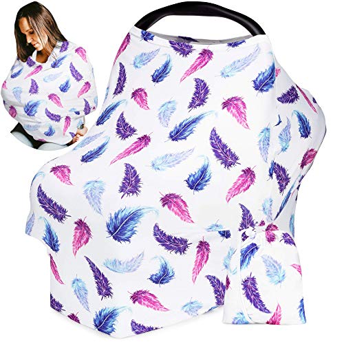 Book Cover Nursing Cover, Car Seat Canopy for Babies, Infant Breastfeeding Scarf - High Chair, Stroller, Baby Carrier Cover for Girls, Soft, Stretchy, Shower Gifts, Step 1 Kids (Pink, Blue Feathers)