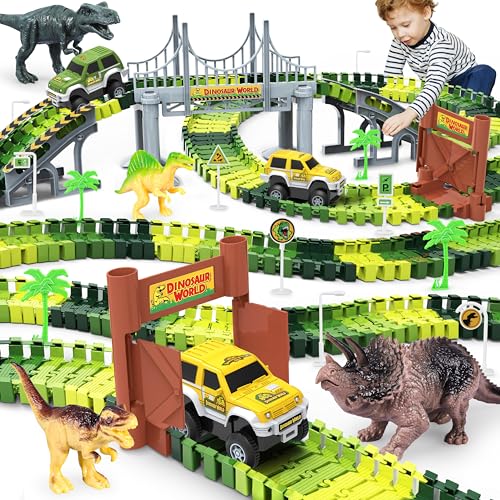 Book Cover Dinosaur Toys-187 pcs Create A Dinosaur World Road Race-Flexible Track Playset ,4 Dinosaurs and 2 Race Car Toys for 3 4 5 6 Year & Up Old boy Girls Best Gift (Green)