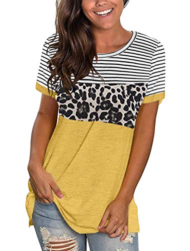 Uincloset Womens Leopard T Shirt Color Block Tees Striped Short Sleeve Round Neck Casual Tops