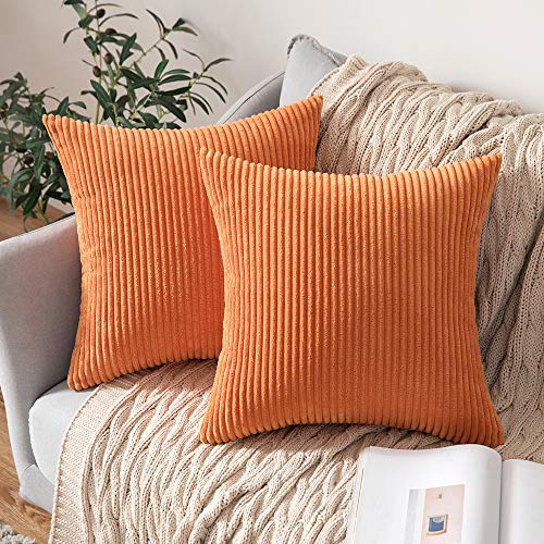 Book Cover MIULEE Pack of 2 Corduroy Soft Solid Decorative Square Throw Pillow Covers Cushion Cases Pillow Cases for Couch Sofa Bedroom Car 22 x 22 Inch 55 x 55 cm, Orange
