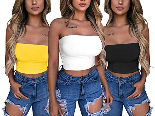 LAGSHIAN Women's Sexy 3 Pieces Crop Top Sleeveless Stretchy Solid Strapless Tube Top