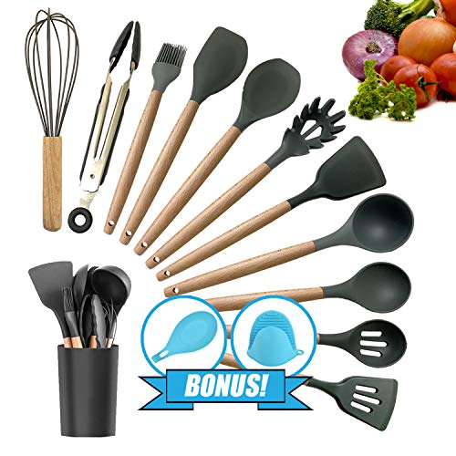 Kitchen Utensil Set, Silicone Cooking utensil set, Kitchen Gadgets utensil set for nonstick cookware, Kitchen Set Kitchen Utensils Turner Tongs Spatula Spoon 100% BPA Free Non-Toxic Cooking utensils