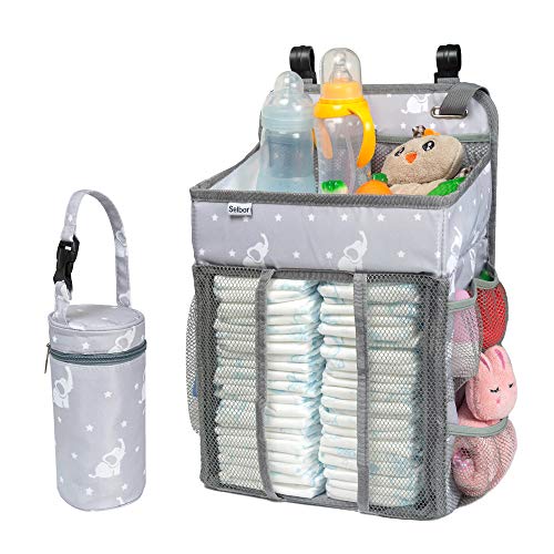 Book Cover Selbor Baby Nursery Organizer and Diaper Caddy, Hanging Diaper Stacker Storage for Changing Table, Crib, Playard Wall - Baby Shower Gifts for Newborn Boys Girls (Star Elephant, Bottle Cooler Included)
