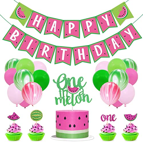 Yaaaaasss! One in A Melon Party Decorations Cake Topper Cupcake Toppers Melon Balloons and Happy Birthday Banner for Summer Fruit Themed 1st Watermelon Birthday Party Decoration 32 PCS