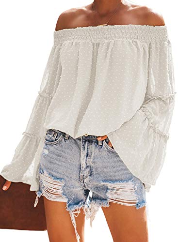 CILKOO Womens Off The Shoulder Polka Dot Flared Sleeve Tops Casual Loose Chiffon Blouses(S-XXL)