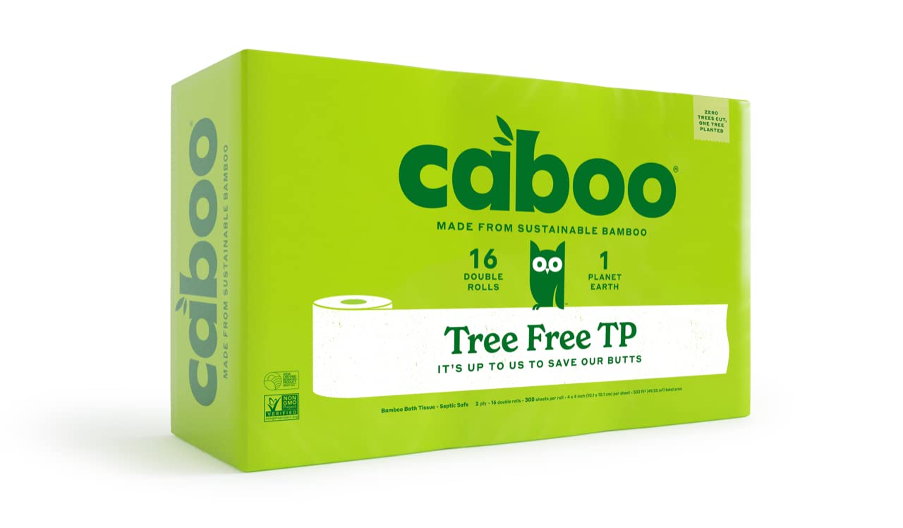 Book Cover Caboo Tree-Free Bamboo Toilet Paper, Septic Safe Biodegradable Bath Tissue, Eco Friendly Soft 2 Ply Sheets, 300 Sheets Per Roll, 16 Double Rolls 16 Count (Pack of 1)