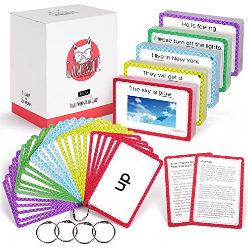 Book Cover Gamenote Sight Words Flash Cards with Pictures & Sentences - 220 Dolch Big Word Reading Flash Card from Pre K to 3rd Grade (Include 5 Rings)