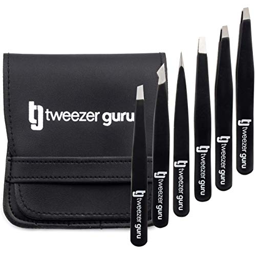 Tweezers Set - Tweezer Guru Stainless Steel Slant Tip and Pointed Eyebrow Tweezer Set - Great Precision for Facial Hair, Ingrown Hair, Splinter and Blackhead Remover (Black)