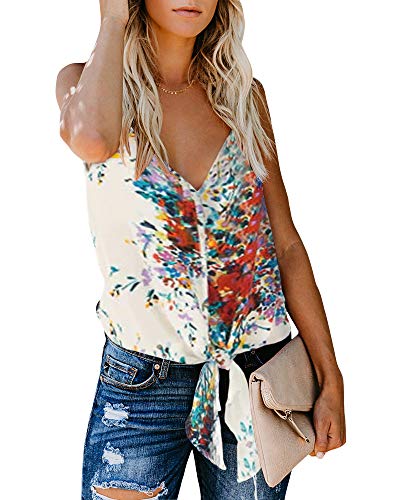 Womens Tie Knot Front Floral Print Tank Tops Spaghetti Strap Casual Summer Shirts